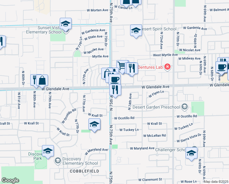 map of restaurants, bars, coffee shops, grocery stores, and more near 6937 North 75th Avenue in Glendale