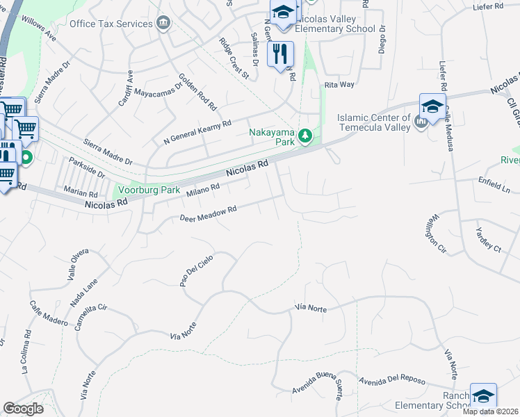 map of restaurants, bars, coffee shops, grocery stores, and more near 40219 Donomore Court in Temecula
