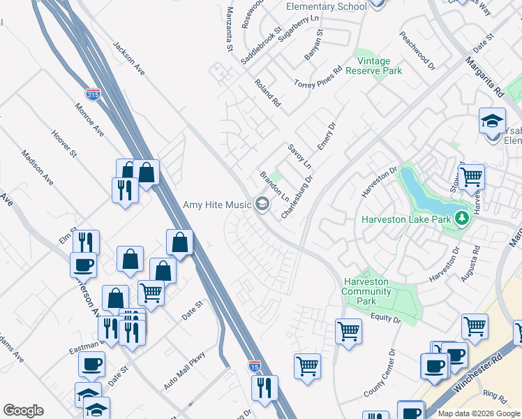 map of restaurants, bars, coffee shops, grocery stores, and more near 27435 Lock Haven Court in Temecula