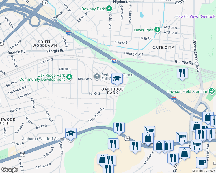 map of restaurants, bars, coffee shops, grocery stores, and more near 6858 6th Court South in Birmingham