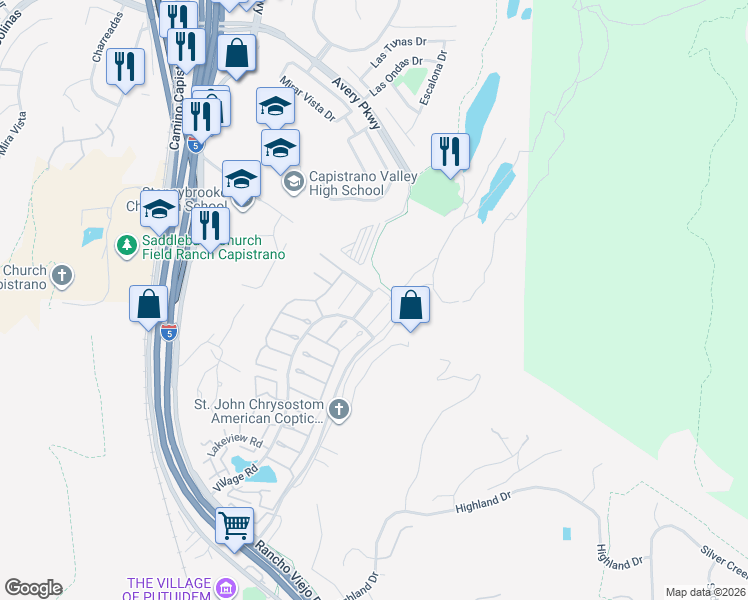map of restaurants, bars, coffee shops, grocery stores, and more near 29282 Sonoma Way in San Juan Capistrano