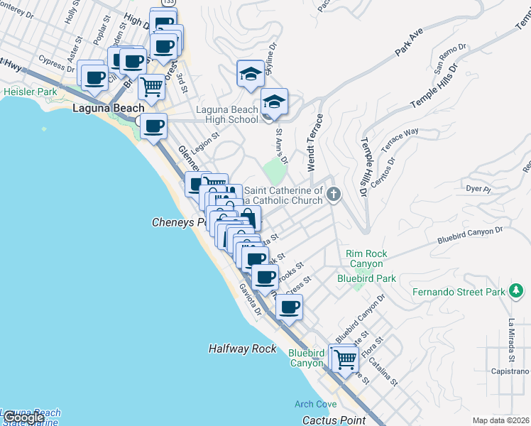map of restaurants, bars, coffee shops, grocery stores, and more near 480 Thalia Street in Laguna Beach