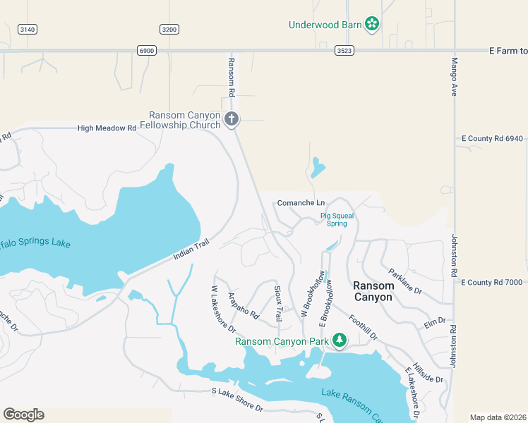 map of restaurants, bars, coffee shops, grocery stores, and more near Ransom Rd in Ransom Canyon