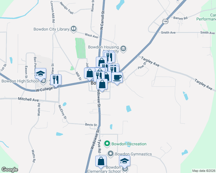 map of restaurants, bars, coffee shops, grocery stores, and more near 112 Commerce St in Bowdon