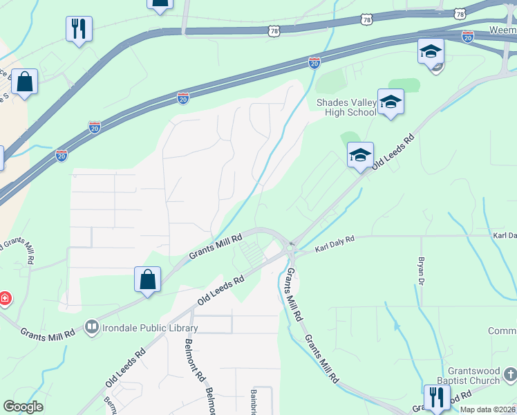 map of restaurants, bars, coffee shops, grocery stores, and more near 1250 Shades Terrace in Irondale