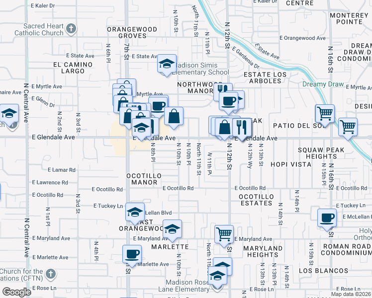 map of restaurants, bars, coffee shops, grocery stores, and more near 6919 North 10th Street in Phoenix
