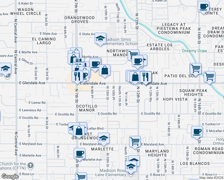 map of restaurants, bars, coffee shops, grocery stores, and more near 6919 North 10th Street in Phoenix