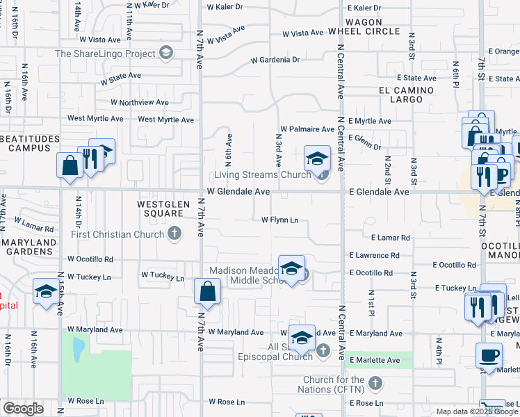 map of restaurants, bars, coffee shops, grocery stores, and more near 302 West Flynn Lane in Phoenix