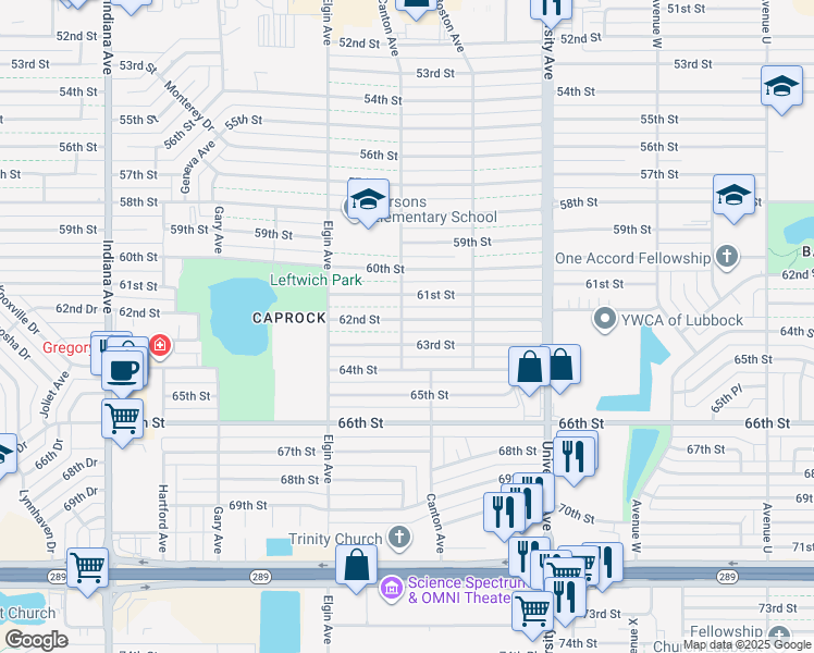 map of restaurants, bars, coffee shops, grocery stores, and more near 2798 63rd Street in Lubbock