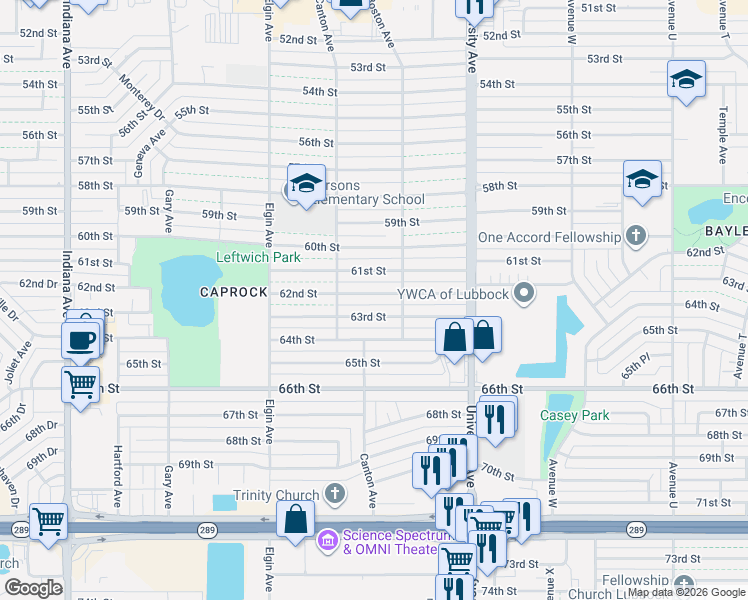 map of restaurants, bars, coffee shops, grocery stores, and more near 2706 63rd Street in Lubbock