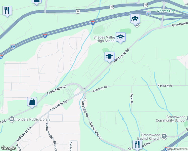 map of restaurants, bars, coffee shops, grocery stores, and more near 5865 Old Leeds Road in Birmingham