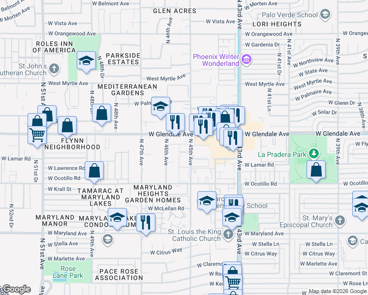 map of restaurants, bars, coffee shops, grocery stores, and more near 6826 North 45th Avenue in Glendale