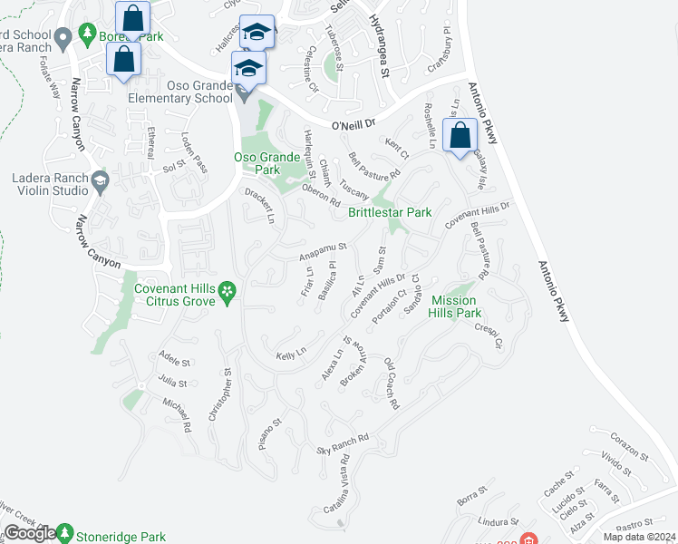 map of restaurants, bars, coffee shops, grocery stores, and more near 10 Basilica Place in Ladera Ranch