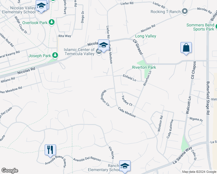map of restaurants, bars, coffee shops, grocery stores, and more near 30894 Wellington Circle in Temecula