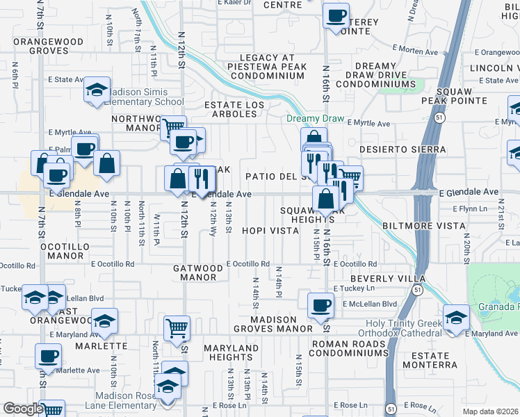 map of restaurants, bars, coffee shops, grocery stores, and more near 6814 North 14th Street in Phoenix