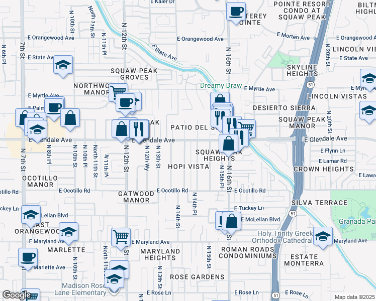 map of restaurants, bars, coffee shops, grocery stores, and more near 6814 North 14th Street in Phoenix