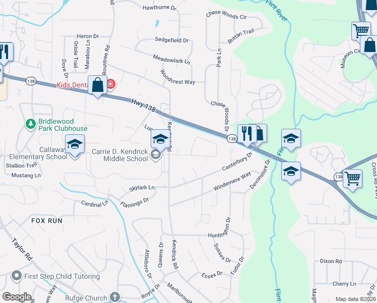 map of restaurants, bars, coffee shops, grocery stores, and more near 215 Kendrick Estates Drive in Jonesboro