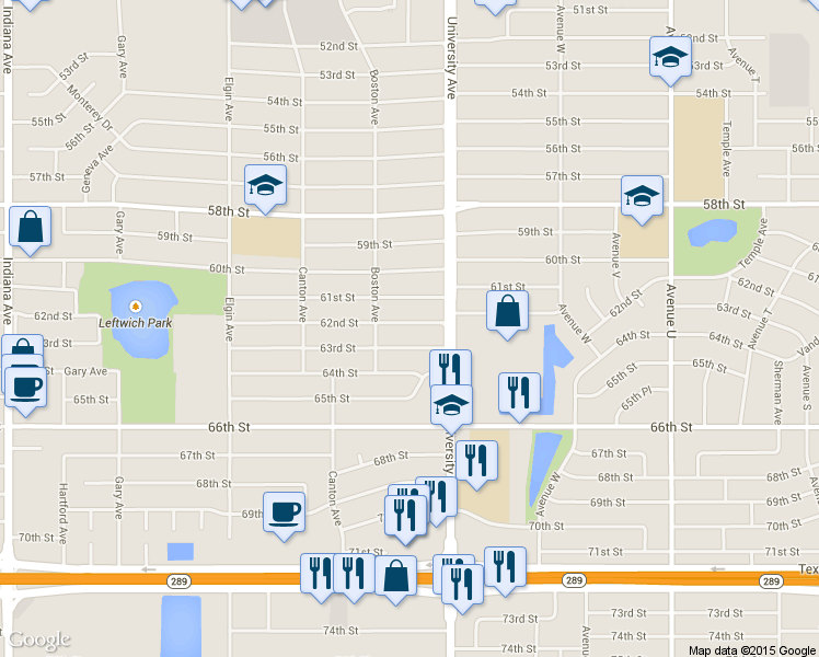 map of restaurants, bars, coffee shops, grocery stores, and more near 2519 63rd Street in Lubbock