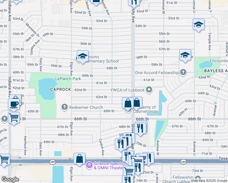 map of restaurants, bars, coffee shops, grocery stores, and more near 2519 63rd Street in Lubbock