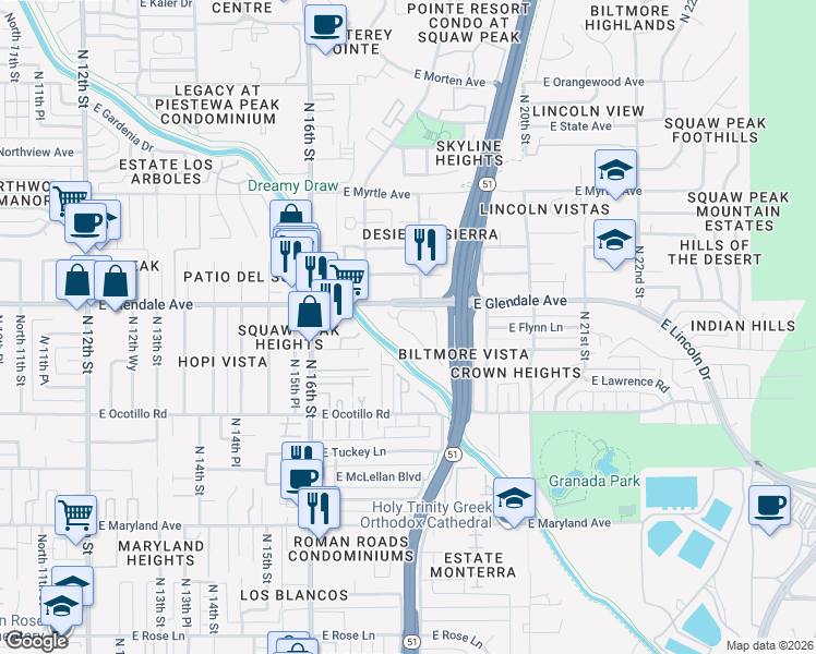 map of restaurants, bars, coffee shops, grocery stores, and more near 6830 North 17th Place in Phoenix