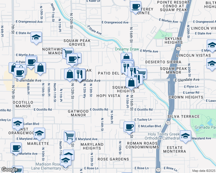 map of restaurants, bars, coffee shops, grocery stores, and more near 6814 North 14th Street in Phoenix
