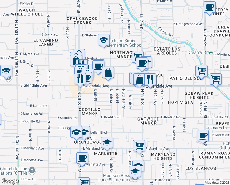 map of restaurants, bars, coffee shops, grocery stores, and more near 6919 North 10th Street in Phoenix