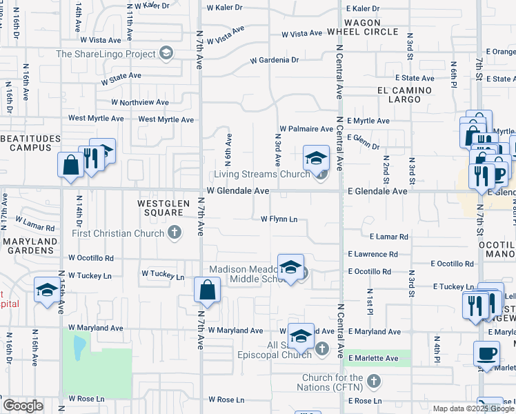 map of restaurants, bars, coffee shops, grocery stores, and more near 302 West Flynn Lane in Phoenix