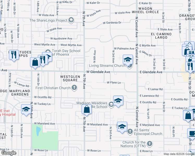 map of restaurants, bars, coffee shops, grocery stores, and more near 416 West Flynn Lane in Phoenix