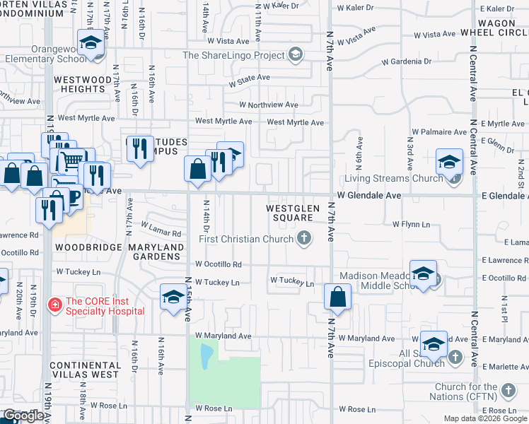 map of restaurants, bars, coffee shops, grocery stores, and more near 6815 North 10th Avenue in Phoenix