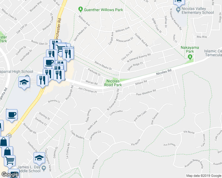 map of restaurants, bars, coffee shops, grocery stores, and more near 40166 Tanager Circle in Temecula