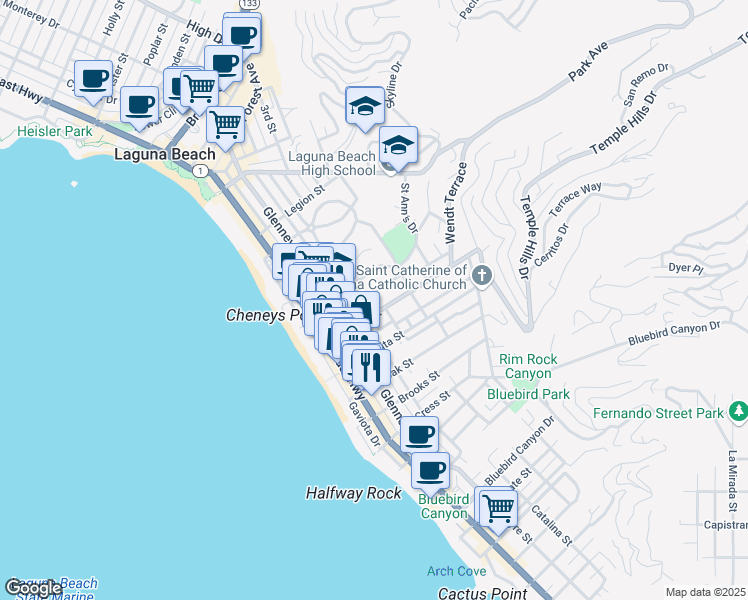 map of restaurants, bars, coffee shops, grocery stores, and more near 352 Thalia Street in Laguna Beach