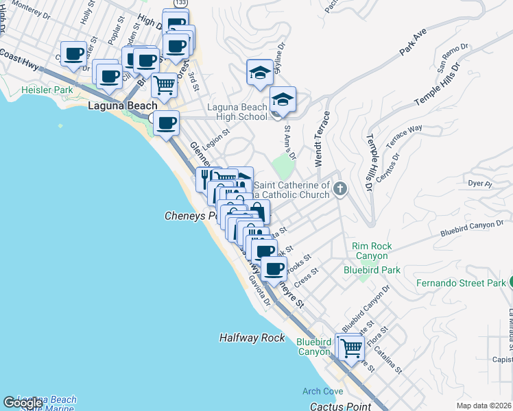 map of restaurants, bars, coffee shops, grocery stores, and more near 352 Thalia Street in Laguna Beach