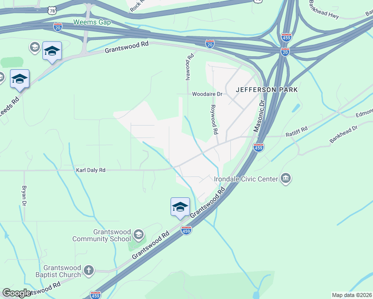 map of restaurants, bars, coffee shops, grocery stores, and more near 3238 Karl Daly Road in Birmingham