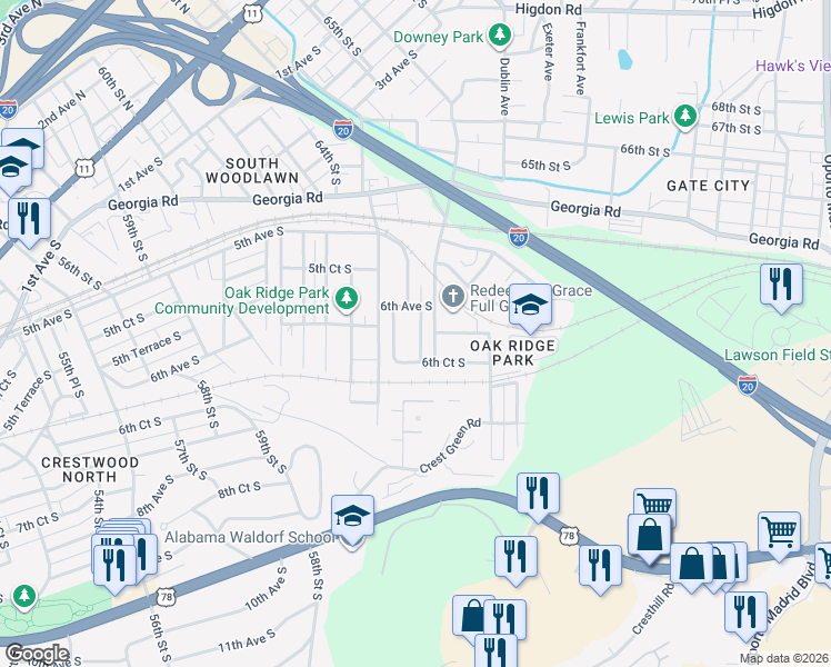 map of restaurants, bars, coffee shops, grocery stores, and more near 545 Athens Court in Birmingham