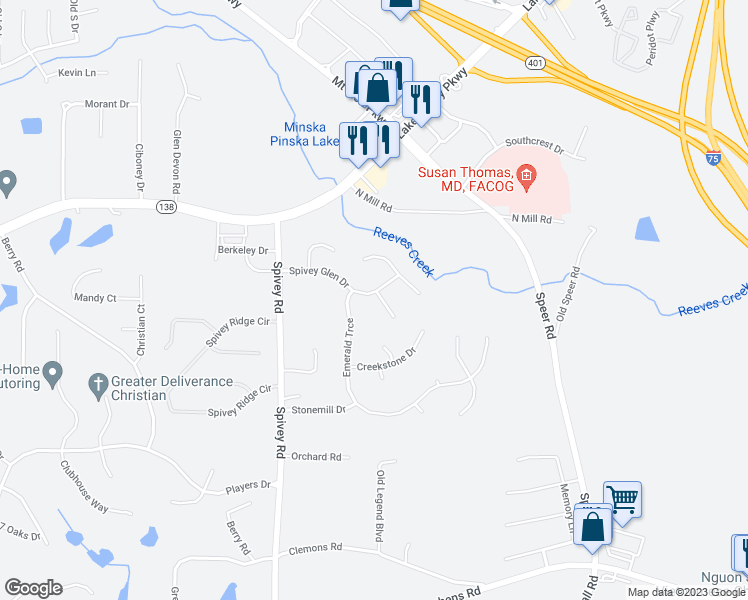 map of restaurants, bars, coffee shops, grocery stores, and more near 166 Spivey Glen Drive in Jonesboro