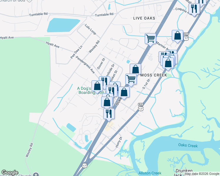 map of restaurants, bars, coffee shops, grocery stores, and more near 753 Pendergrass Avenue in Murrells Inlet