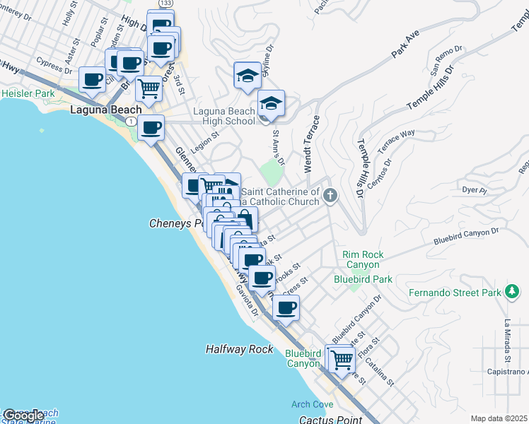map of restaurants, bars, coffee shops, grocery stores, and more near 490 Thalia Street in Laguna Beach