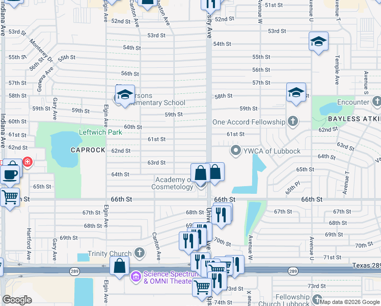 map of restaurants, bars, coffee shops, grocery stores, and more near 2519 63rd Street in Lubbock