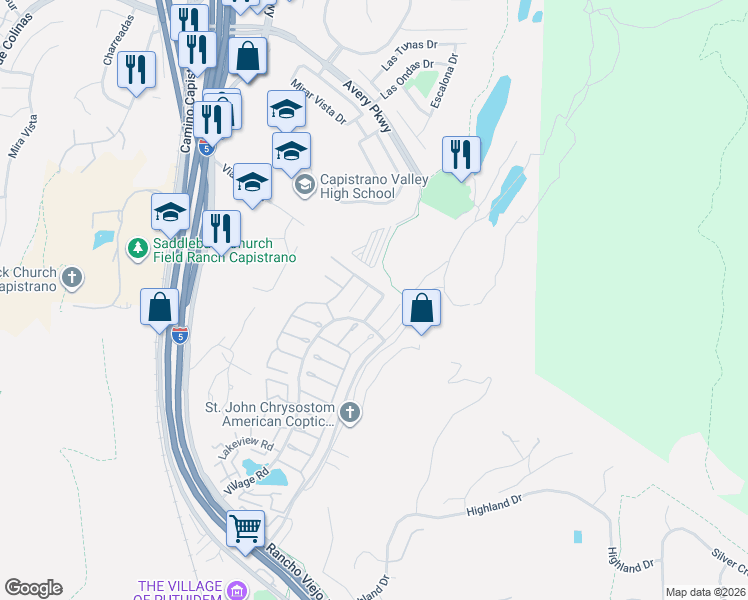 map of restaurants, bars, coffee shops, grocery stores, and more near 29341 Applewood Court in San Juan Capistrano