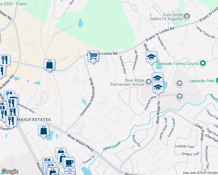 map of restaurants, bars, coffee shops, grocery stores, and more near 4215 Fairfield Circle in Evans