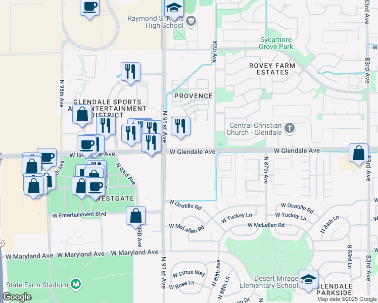 map of restaurants, bars, coffee shops, grocery stores, and more near 9001 West Glendale Avenue in Glendale