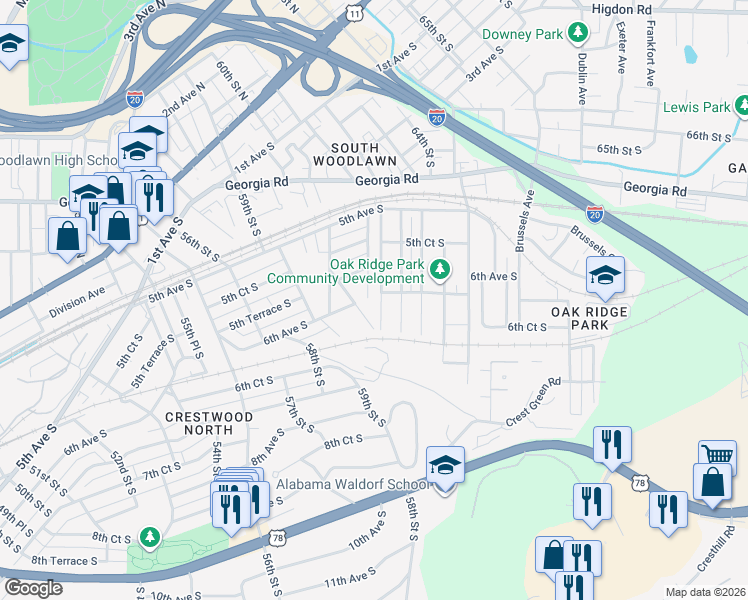 map of restaurants, bars, coffee shops, grocery stores, and more near 589 61st Street South in Birmingham