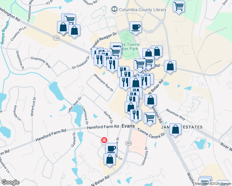 map of restaurants, bars, coffee shops, grocery stores, and more near 535 Pheasant Run Drive in Evans