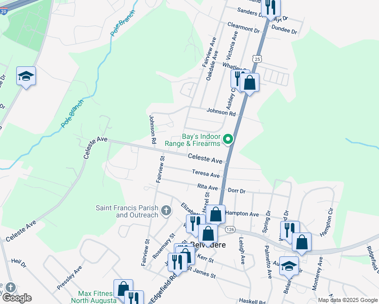 map of restaurants, bars, coffee shops, grocery stores, and more near 307 Celeste Avenue in North Augusta