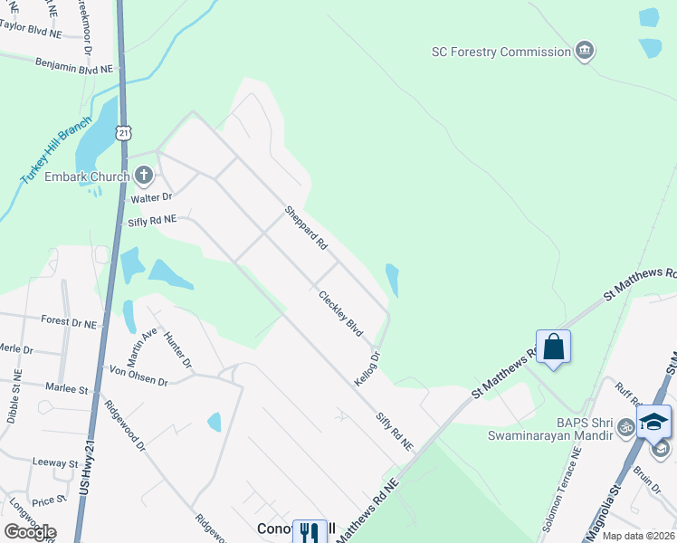 map of restaurants, bars, coffee shops, grocery stores, and more near 1165 Sheppard Road in Orangeburg
