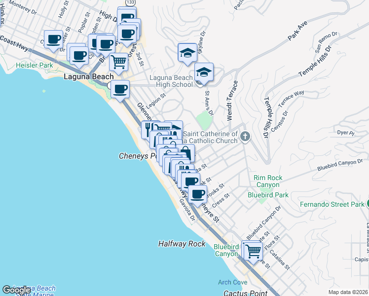 map of restaurants, bars, coffee shops, grocery stores, and more near 352 Thalia Street in Laguna Beach