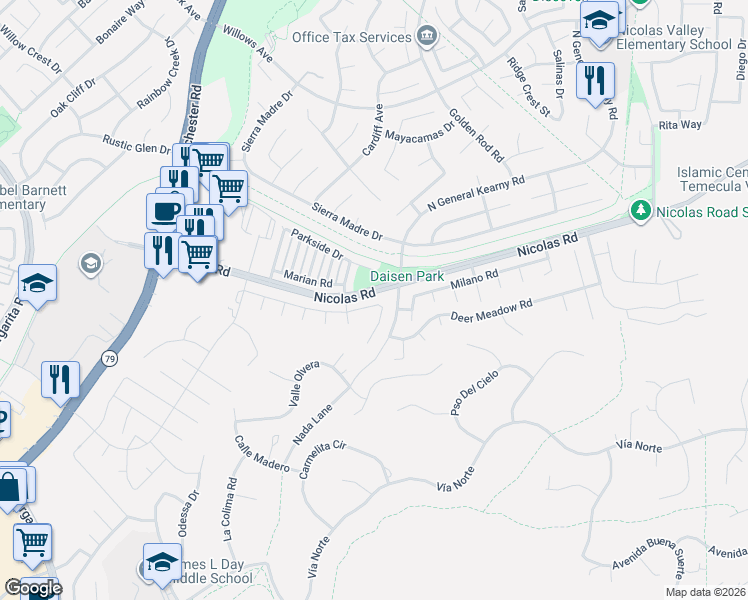 map of restaurants, bars, coffee shops, grocery stores, and more near 40166 Tanager Circle in Temecula