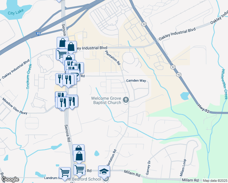 map of restaurants, bars, coffee shops, grocery stores, and more near 318 Lauren Drive in Fairburn