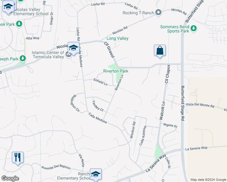 map of restaurants, bars, coffee shops, grocery stores, and more near 30966 Riverton Lane in Temecula