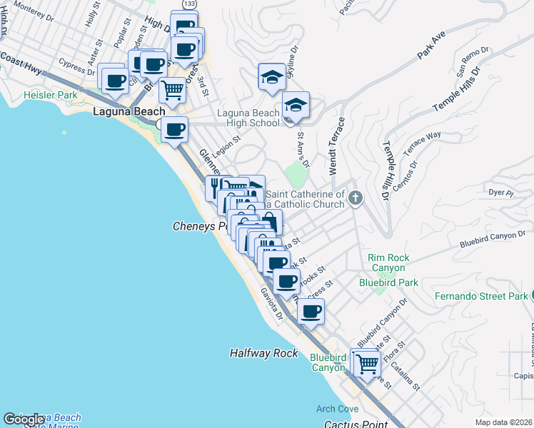 map of restaurants, bars, coffee shops, grocery stores, and more near 827 Catalina Street in Laguna Beach